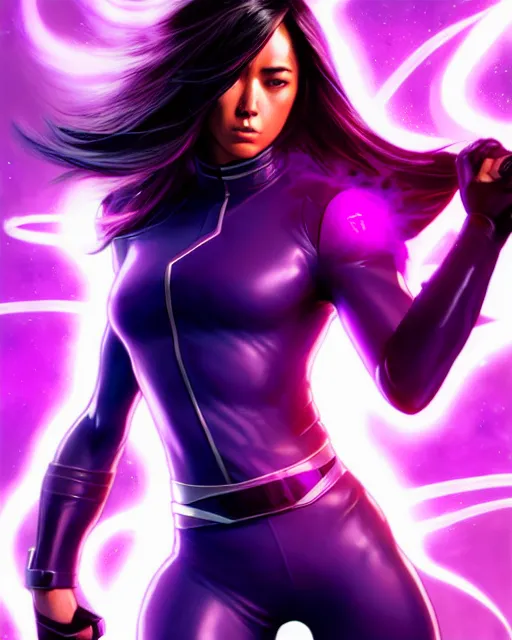 Image similar to Psylocke Chloe Bennet long hair, holding purple Halo energy sword, realistic character concept, action pose, comic book, illustration, slender symmetrical face and body, artstation, cinematic lighting, hyperdetailed, artgerm, 8k, Rafeal Albuquerque comic book art, single face, insanely detailed and intricate, beautiful