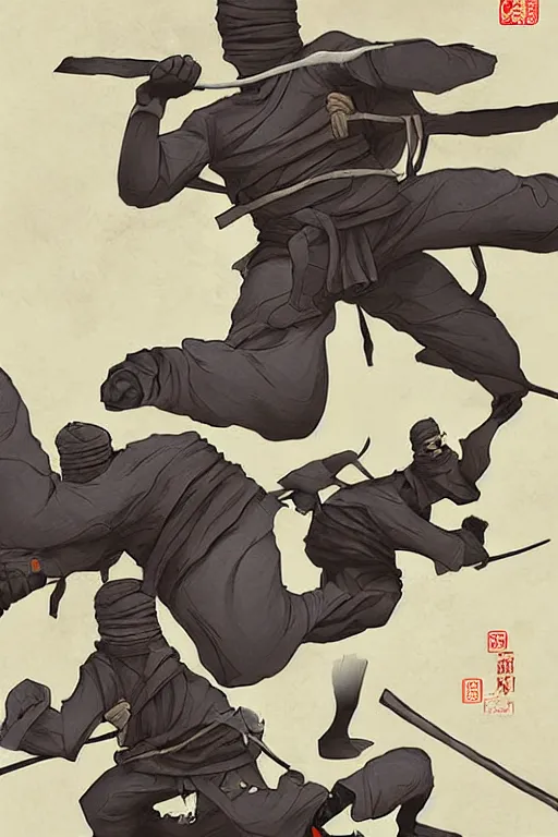 Image similar to trowing rock to ninjas, ilustrator by tafy laplanche and bo feng lin