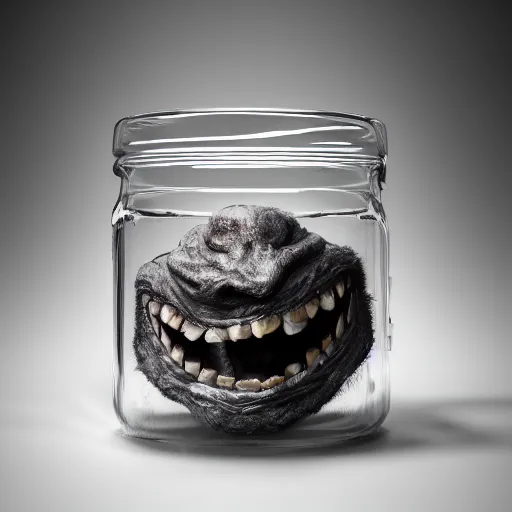 Image similar to Evil monster in a jar, product photography, centered, studio lightning