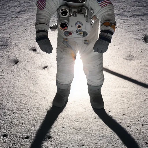 Image similar to photograph of an astronaut in space, singular light source from below, only suit legs and arms illuminated, full body photo, 8 k