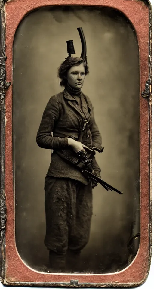 Prompt: a highly detailed wet plate photograph, a portrait of a female hunter holding a rifle