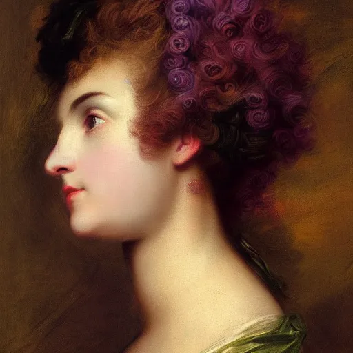 Image similar to electric purple by joshua reynolds ornate. a beautiful experimental art. she looks up at me, up & down. she has short - cropped hair, & a scar on her left cheekbone : just a line of black against her deep tan, precise & geometrical. her eyes are pale green.