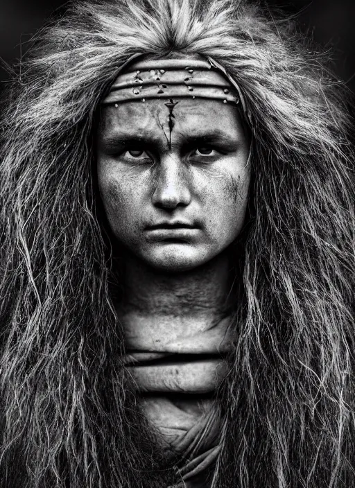 Prompt: Award winning Editorial photo of a Early-medieval Native Liechtensteiners with incredible hair and beautiful hyper-detailed eyes wearing traditional garb by Lee Jeffries, 85mm ND 5, perfect lighting, gelatin silver process