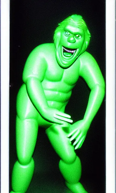Image similar to slimy green gary busey creature, 9 0 s toy commercial, photo from the 7 0 s, horror lighting, neon lighting, polaroid photo,