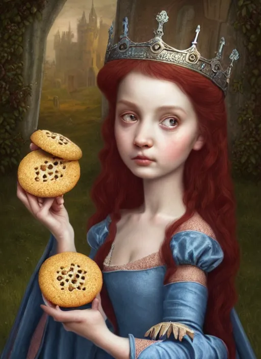 Image similar to highly detailed closeup portrait of a fairytale medieval princess eating cookies, unreal engine, nicoletta ceccoli, mark ryden, lostfish, earl norem, global illumination, god rays, detailed and intricate environment