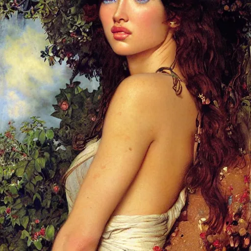 Image similar to detailed potrait of megan fox on baroque painting, girl graceful,, painting by gaston bussiere, craig mullins, j. c. leyendecker, lights, art by ernst haeckel, john william godward, hammershøi,,