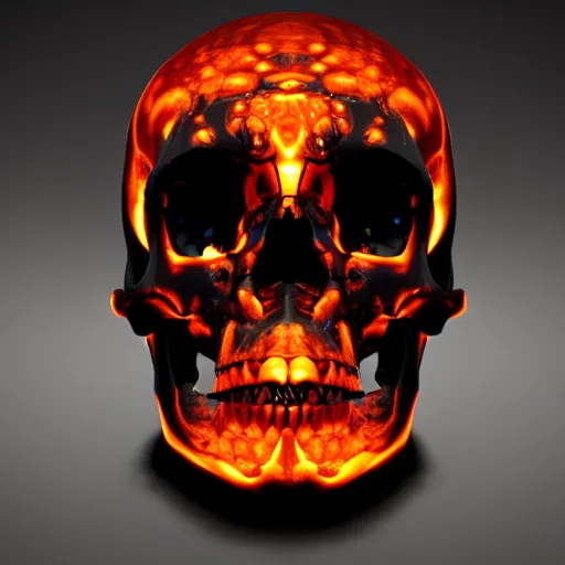 Image similar to real human skull with robotic circular orange light electronic eyes in eye sockets