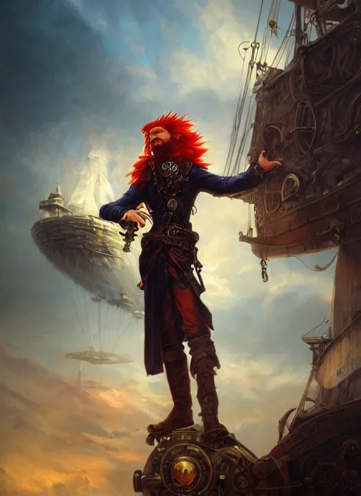 Image similar to portrait painting of a long haired, red headed male sky pirate in front of steampunk airship by raphael lacoste and stephan martiniere fantasy soft hair trending on artstation key art dramtic volumetric lighting, 4 k, award winning