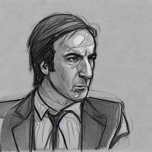 Prompt: a court sketch of saul goodman defending super mario in court, sketch art, court sketch art, saul goodman, mario, very sketchy court sketch