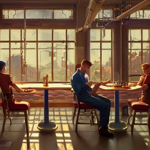 Prompt: sargent and leyendecker and greg hildebrandt, portrait of an empty diner, stephen bliss, unreal engine, fantasy art by greg rutkowski, loish, rhads, ferdinand knab, makoto shinkai, ilya kuvshinov, rossdraws, global illumination, radiant light, detailed and intricate environment