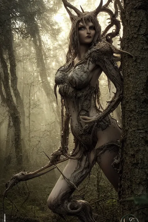 Image similar to fat devil in the woods, intricate, ethereal, by luis royo, hyper detailed, weta digital, ray trace, unreal engine, trending on artist, beautifully lit, cinematic, soft light, photorealistic, volumetric, realistic, glossy, 8 k post - production, masterpiece, luxury, smooth