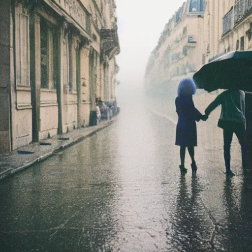 Image similar to street of paris photography, night, rain, mist, lovers holding hands, cinestill 8 0 0 t, in the style of william eggleston