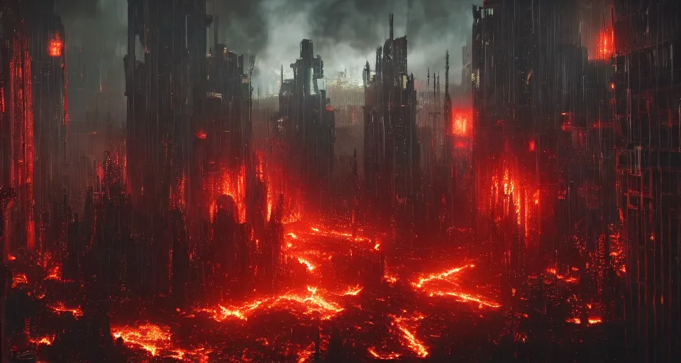 Image similar to a cyberpunk medieval gothic dark-ages city, rich contrast, fire-twister, fire-tornado, lava-twister, feeling of grimdark and gothic horror, explosions and fire, hyperrealistic, octane render, unreal engine, Cryengine 8k UHD