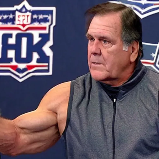 Image similar to Coach Belichick with a ripped physique answering questions from the media about steroid use