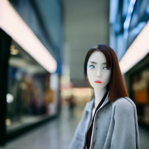 Image similar to a closeup portrait of woman walking in mall alone in style of 1990s, street photography seinen manga fashion edition, miniature porcelain model, focus on face, eye contact, tilt shift style scene background, soft lighting, Kodak Portra 400, cinematic style, telephoto