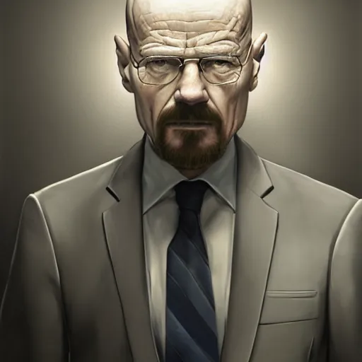 Image similar to walter white in a suit, painting, artgerm, trending on artstation, 4 k highly detailed art, octane render, 3 d, unreal engine, greg rutkowski, wlop, dark room, white smoke, chromatic aberration, white smoke, trending on artstation pixiv