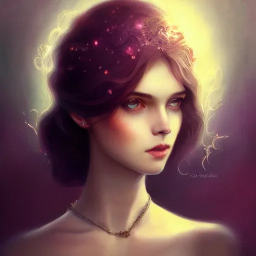 Prompt: ! beautiful female portrait, inner glow, symmetric face, flowing hair, moonlight, gemstone necklace, by wlop, by tom bagshaw, by gallen - kallela trending on artstation,