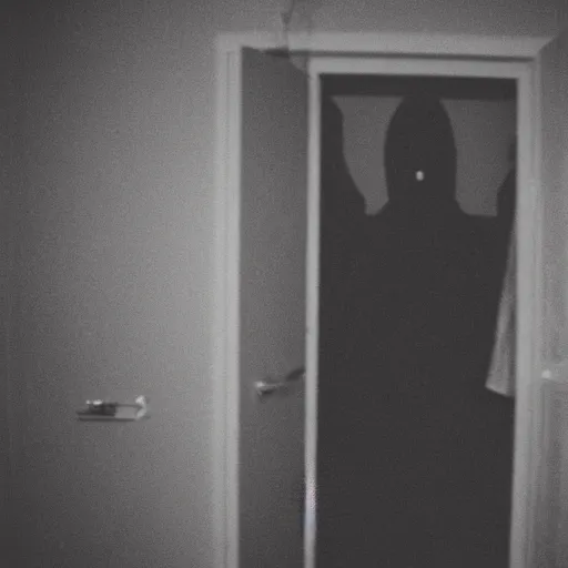 Prompt: grainy photo of figure with a sheet over it as a creepy monster in a closet, harsh flash