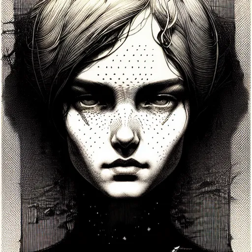 Image similar to portrait soft light, by killian eng and joe fenton and bernie wrightson and conrad roset, inspired by elysium movie, etching, fine, sharp high detail,