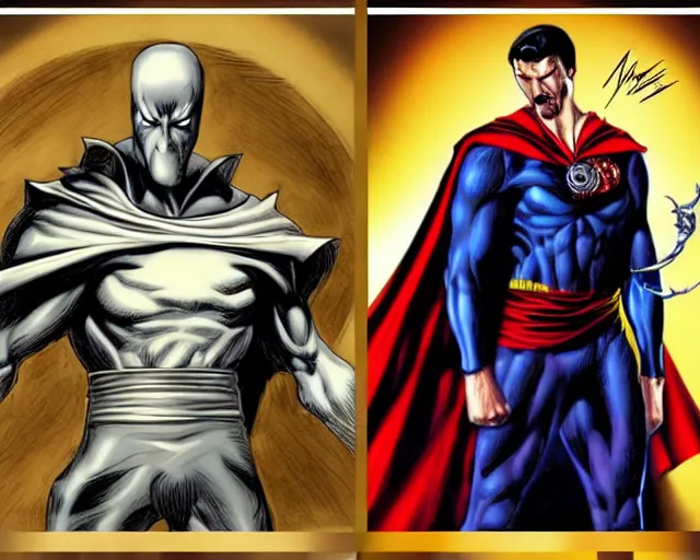 Prompt: fine realistic concept art of moon knight vs dr. strange, in the style of boris vallejo, digital art, photorealistic