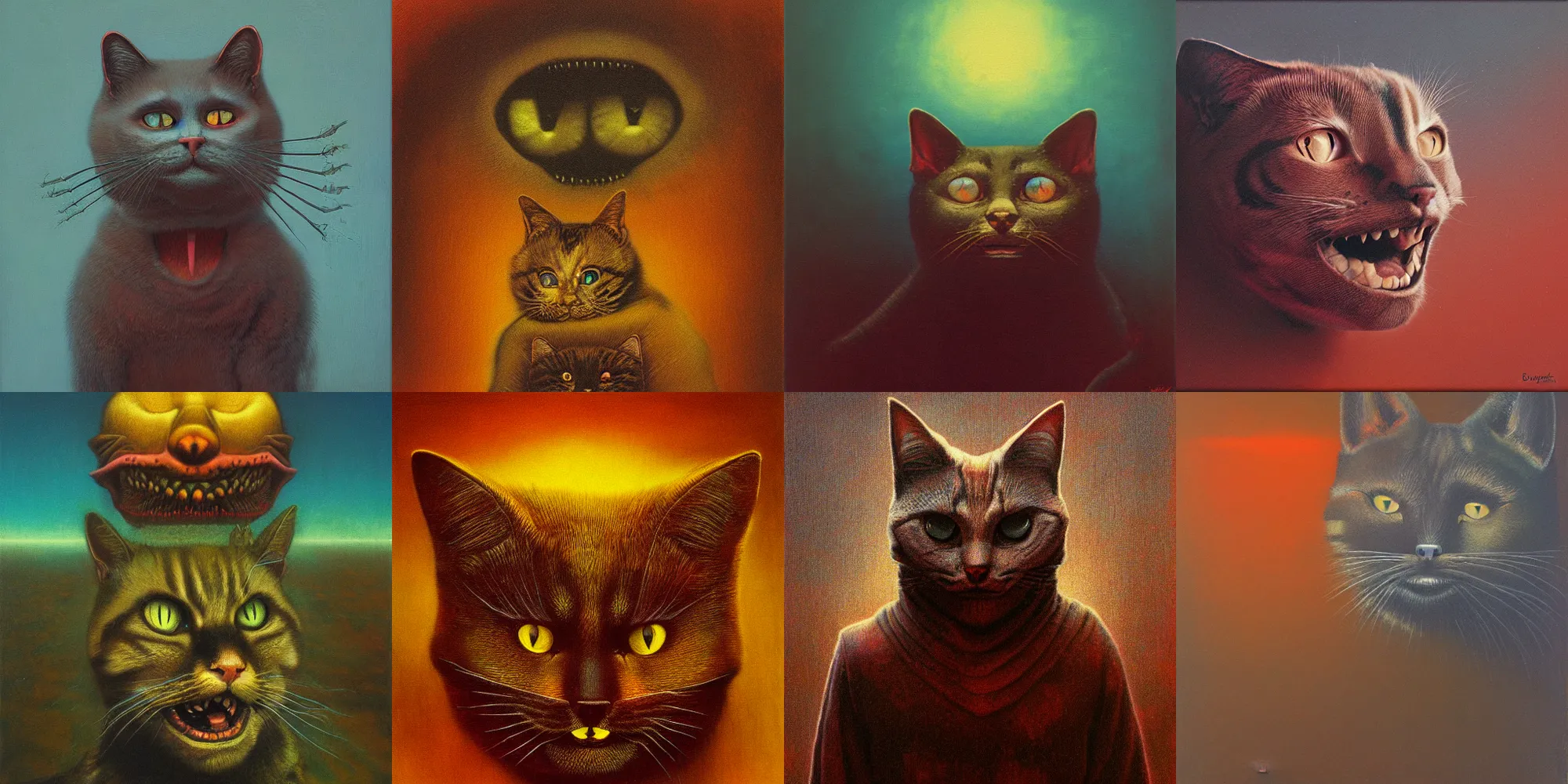 Image similar to grinning evil cat, HD, award winning, in style of beksinski, film grain, medium format, 8k resolution, oil on canvas
