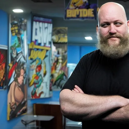 Image similar to portrait of DC comics comic book artist Ethan Van Sciver, chunky with a bald head and a trimmed grey beard