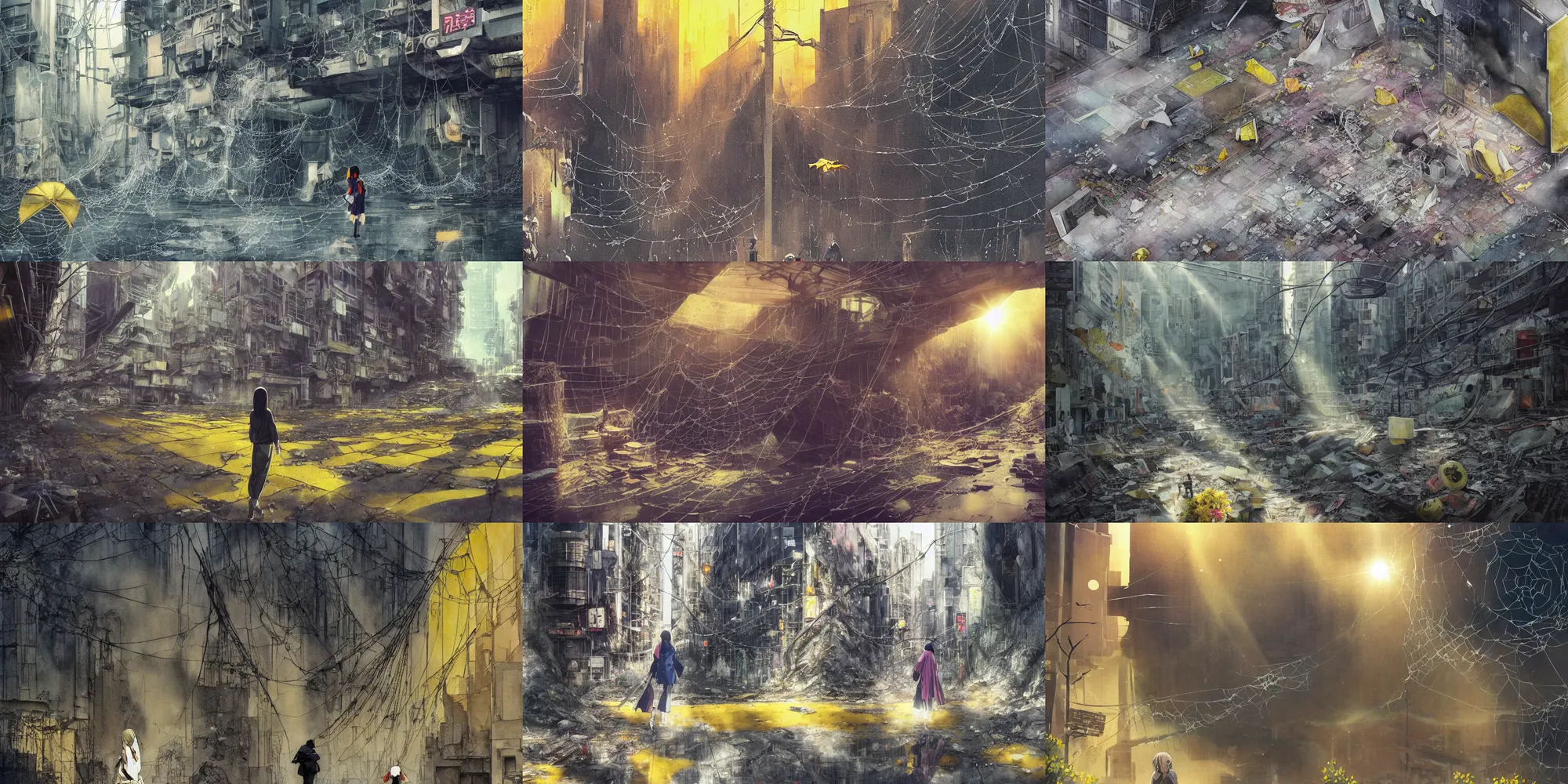 Prompt: anime movie scene, mamoru oshii, otomo, ultra wide, vanishing point, hoody woman explorer, watercolor, crater, chasm, collapse, sinkhole, spiderwebs, flowers, billboards, sun beam, dusty volumetric lighting, rim light, paper texture, puddles, deserted shinjuku junk, brutalist, under bridge, yellow, red