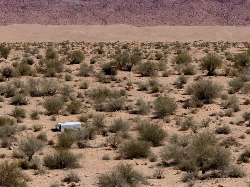 Image similar to Trailer park landscape in the desert near the oasis in style of Alison Elizabeth Taylor
