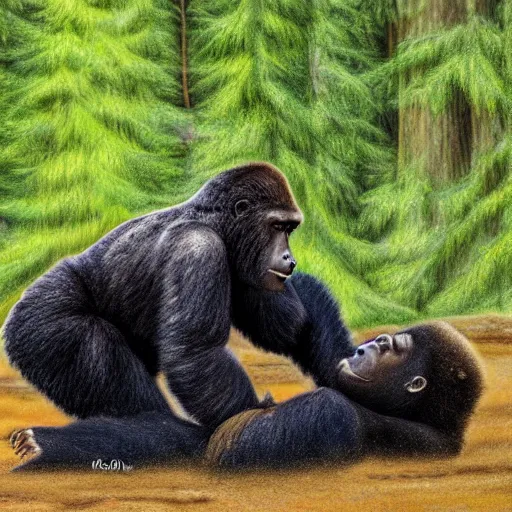 Prompt: gorilla wrestling a grizzly bear in a full nelson headlock, pencil art, sharp image, 4 k, textures, colorful, forest scenery