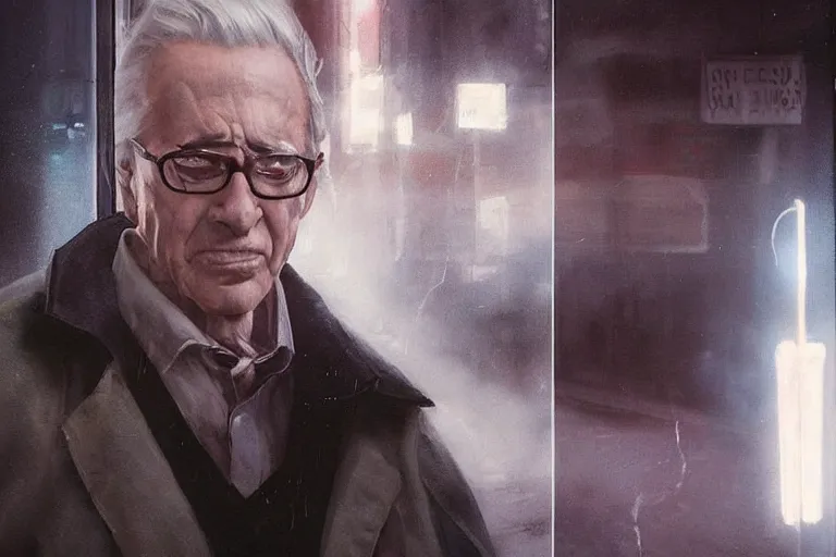 Prompt: an ultra realistic cinematic headshot portrait of an evil scientist, stood outside a corner shop, foggy, detailed, deep focus, movie still, dramatic lighting, by krenz cushart and!! annie leibovitz!!