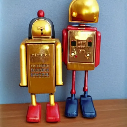 Prompt: retro gold robotic couple on a 8 0 s home decor, vintage photograph