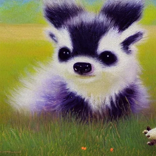 Prompt: oil painting, littlest pet shop fuzzy skunk in field, close up, noel coypel, emile eisman - semenowsky, edouard bisson