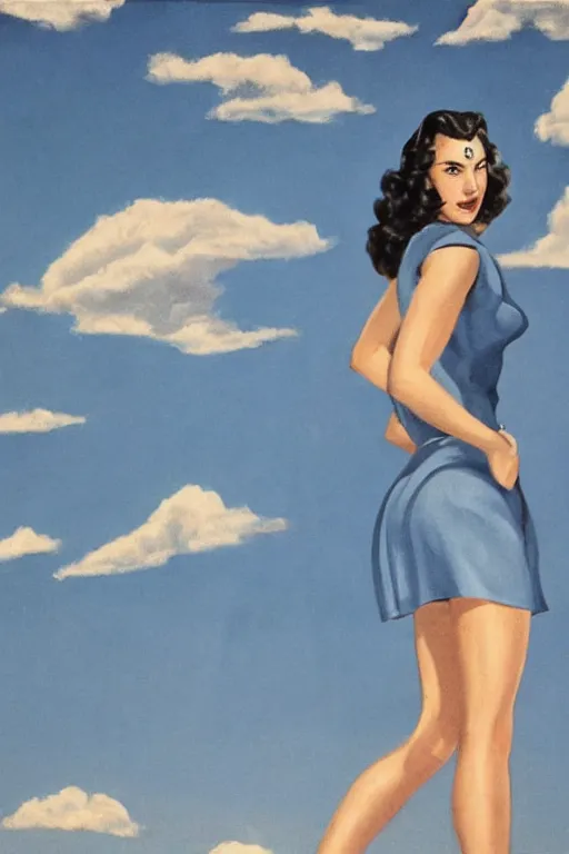 Prompt: full body portrait of gal gadot in the style of bill medcalf, blue sky with a few clouds, retro, 1 9 5 0, 4 k, detailed, 1 / 3 headroom, rule of thirds