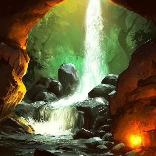 Image similar to digital art of an entrance to a cave, artstation, tomb raider, waterfall, river, mountain, rocks