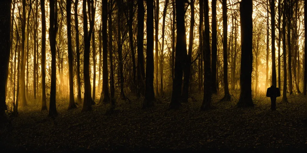 Prompt: silhouetted pipe organ in the woods, volumetric lighting, Portra 160, night time, ominous