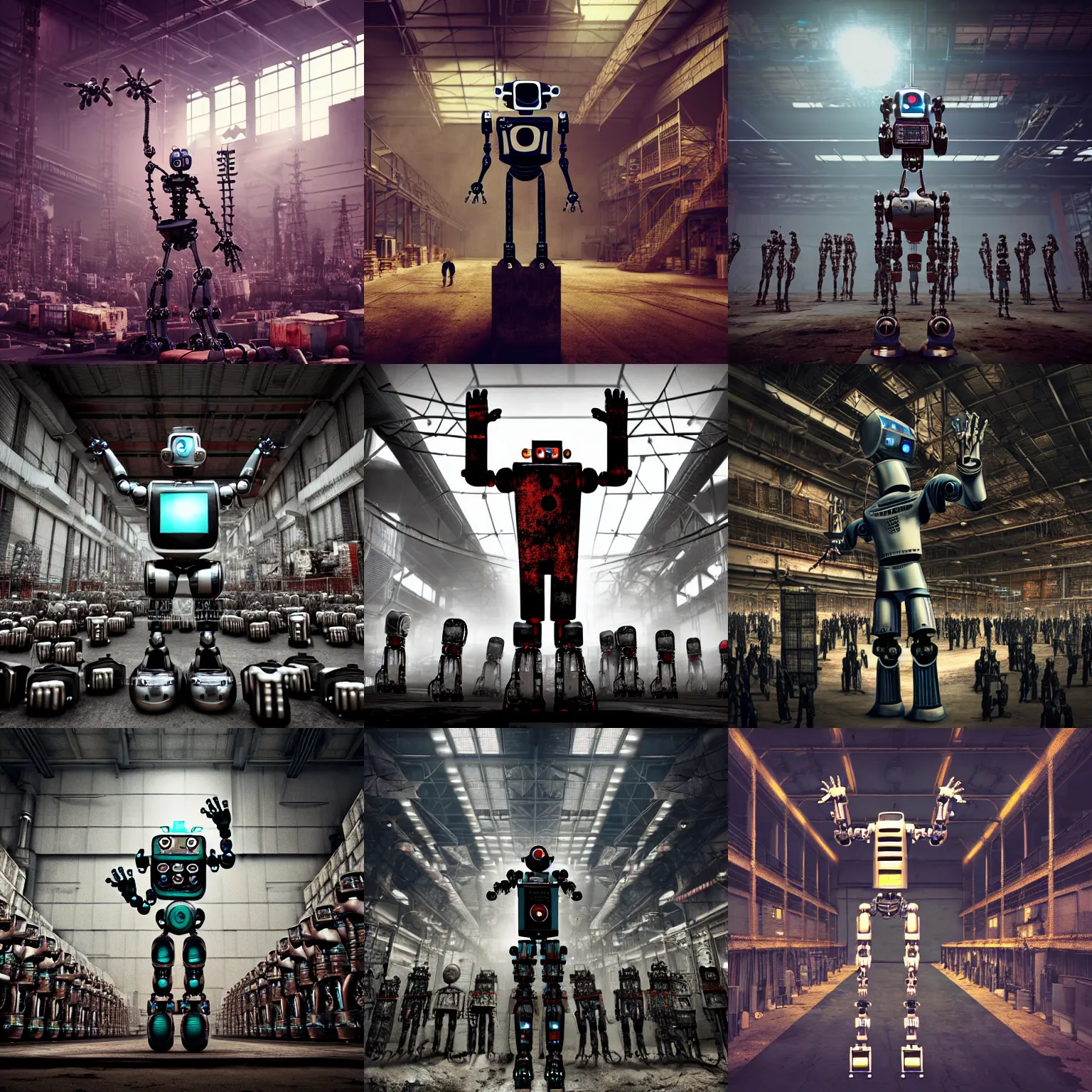 Prompt: a robot mad scientist overlord looking up with both arms raised high in triumph, standing in front of hundreds of robots inside a huge rusty dingy warehouse, raygun gothic, atomic punk, digital art, detailed octane render