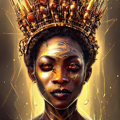 Prompt: a dark and ominous african queen with glowing eyes and a golden crown with a ruby crying tears of gold in a thunderstorm, Apex Legends character digital illustration portrait design, by android jones and greg rutkowski in a cyberpunk voodoo style, detailed, cinematic lighting, wide angle action dynamic portrait