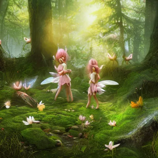 Image similar to fairies in a heavenly forest, highly detailed, 4k, HDR, award-winning, octane render, artstation