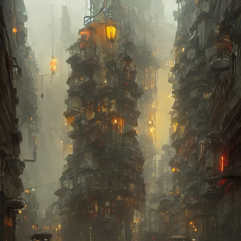 Prompt: polish city with rainy and moody cinematic lighting by darek zabrocki and greg ruthkowski, alphonse mucha, simon stalenhag and cinematic and atmospheric, concept art, artstation, trending on artstation