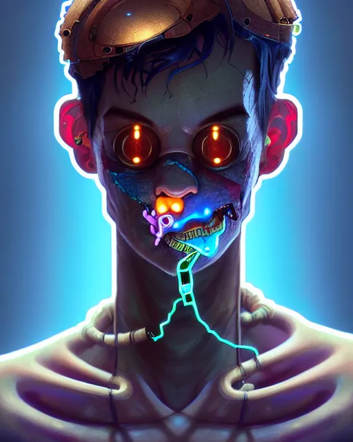 Image similar to portrait of a patchwork boy, bioluminescent, wires, horror, asymmetrical art, highly detailed, concept art, cinematic, hyperrealism, epic, art by stanley lau and artgerm and magali villeneuve and alphonse mucha and pixar, artstation, octane render, cgsociety