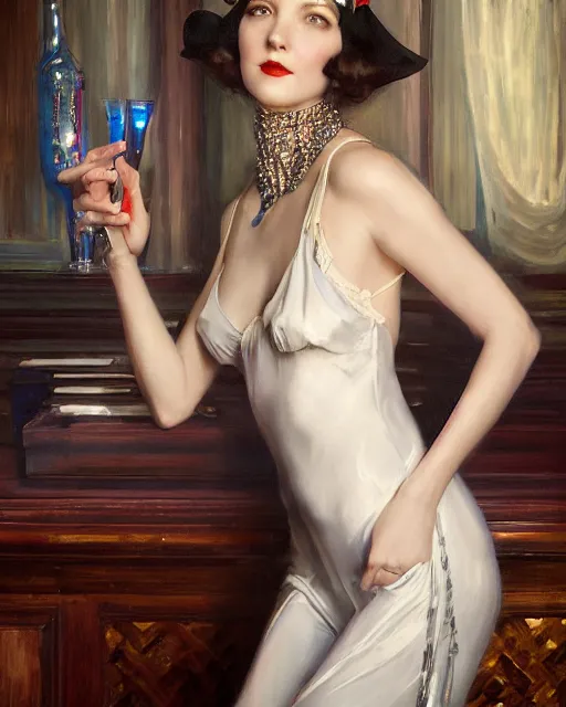 Image similar to daniel gerhartz and artgerm portrait digital realist painting of a 1 9 2 0 s beautiful woman at a party in a mansion, mansion interior in the background, unreal engine, hyper realism, realistic shading, cinematic composition, realistic render, octane render, detailed textures, photorealistic, ultrawide shot, 3 5 mm film