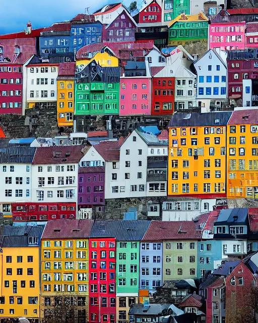 Image similar to colorful row houses, crowded, mountain goats climbing all over, on a highrise vertical buildings, bergen norway, rule of thirds, by Felipe Pantone, Wes Anderson and Damien Hirst