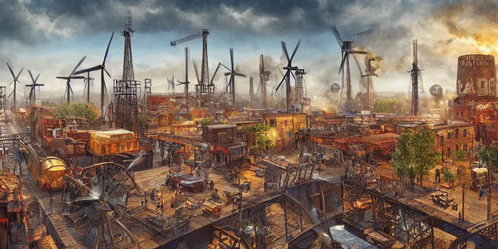 Image similar to A highly-detailed 3d digital artwork cityscape of an industrial steampunk city with windmills, tall wooden buildings, steam-powered factories, floating wooden boats, steel cars, steel steam trains, giant blimps