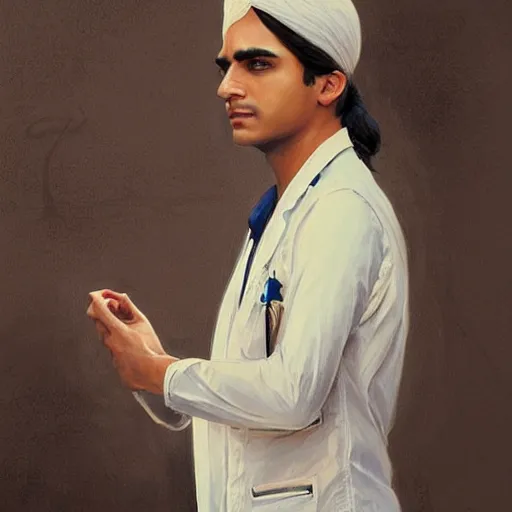 Image similar to Anxious good looking pale young Indian doctors wearing American clothes at the airport, portrait, elegant, intricate, digital painting, artstation, concept art, smooth, sharp focus, illustration, art by artgerm and greg rutkowski and alphonse mucha