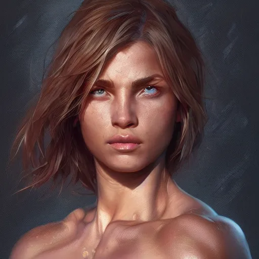 Image similar to a very beautiful woman with muscles, digital art, photorealistic, unreal engine, 8 k resolution, artstation, beautiful face, pretty face, very detailed eyes, by wlop, greg rutkowski, simon bosley