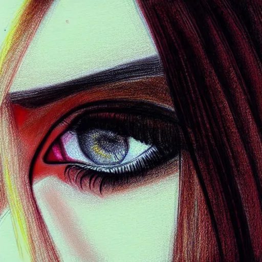 Prompt: searching look in her eyes young Maite Perroni close-up portrait looking straight on, complex artistic color pencil sketch illustration, full detail, gentle shadowing, fully immersive reflections and particle effects, chromatic aberration.