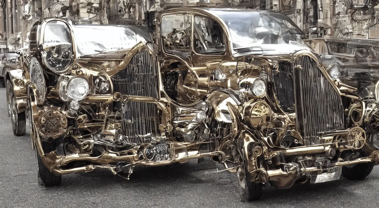 Prompt: a steampunk car with mirror windows