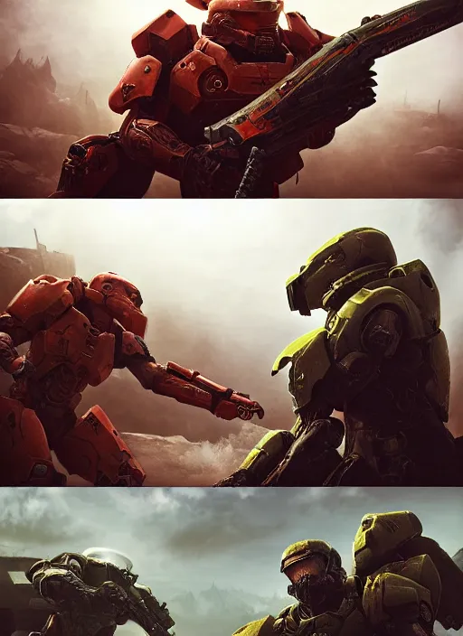 Image similar to epic battle!! doom slayer vs master chief by oleg bulakh