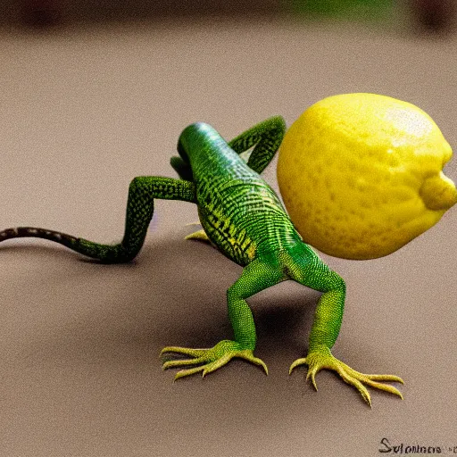 Prompt: a lizard in a battle with a lemon, fighting, cinematic