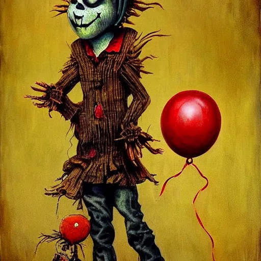 Prompt: grunge painting of a scarecrow with a wide smile and a red balloon by chris leib, loony toons style, pennywise style, corpse bride style, horror theme, detailed, elegant, intricate, conceptual, volumetric light